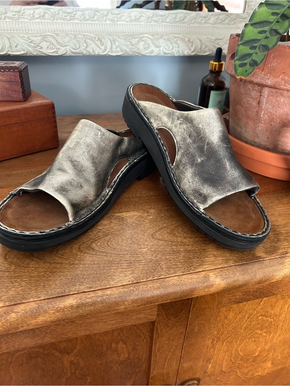 Naot Rome Women's Metallic Pewter Genuine Leather  Open-Toe Slide Sandals